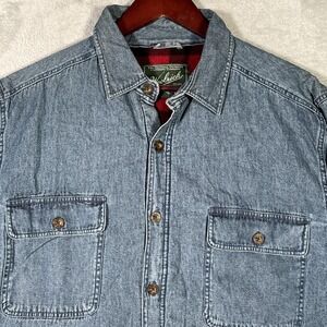 Woolrich Jacket Mens L Blue Denim Quilted Insulated Buffalo Plaid Shirt Jacket